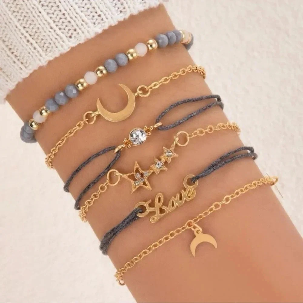 2 LEFT! 6 piece beaded Moon And Star Love Bracelet Set